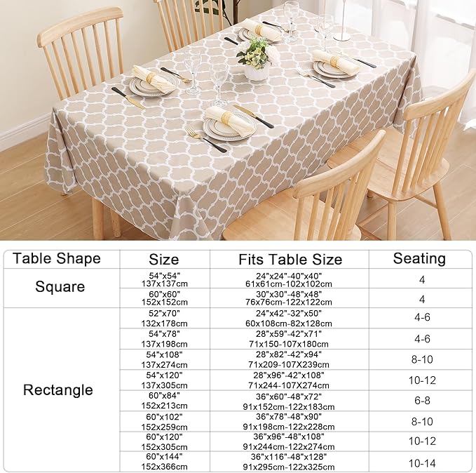 Smiry Rectangle Table Cloth, Waterproof Vinyl Tablecloths with Flannel Backing for Rectangle Tables, Wipeable Spillproof Plastic Tablecloth for Dining, Camping, Indoor and Outdoor (52"x70", Khaki)