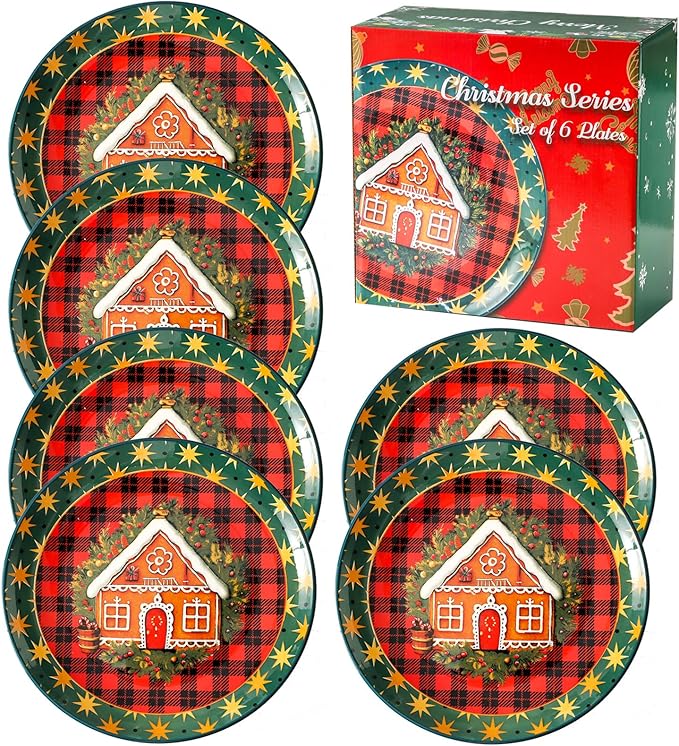Dinner Plates Set of 6, 10 Inch Ceramic Plates, Christmas Dishes for Dinner Party Holiday Occasions, Microwave And Dishwasher Safe