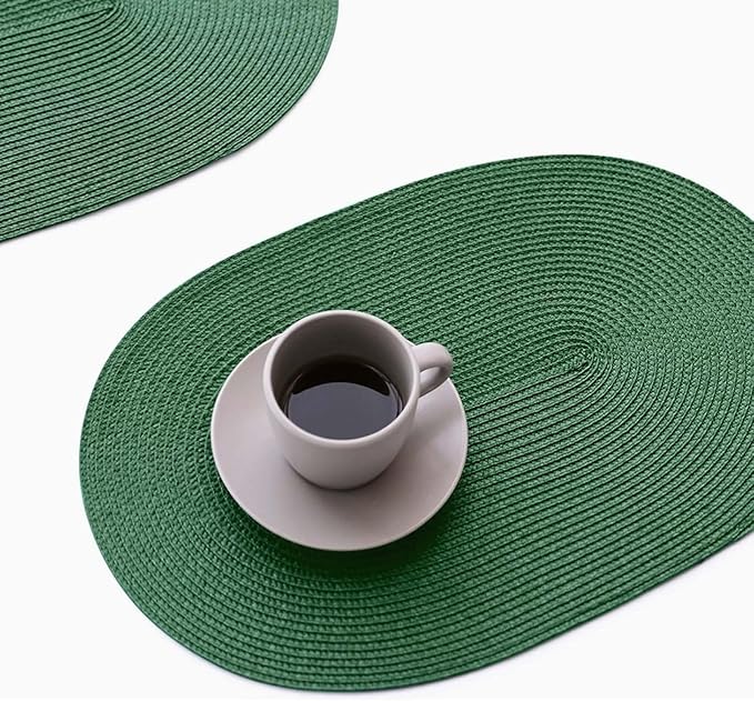 FunWheat Oval Braided Placemats Set of 4 Table Mats for Dining Tables Washable Heat Resistant Place Mats for Indoor Outdoor Use 12 x18 Inch(Oval Black Green, 4pcs)
