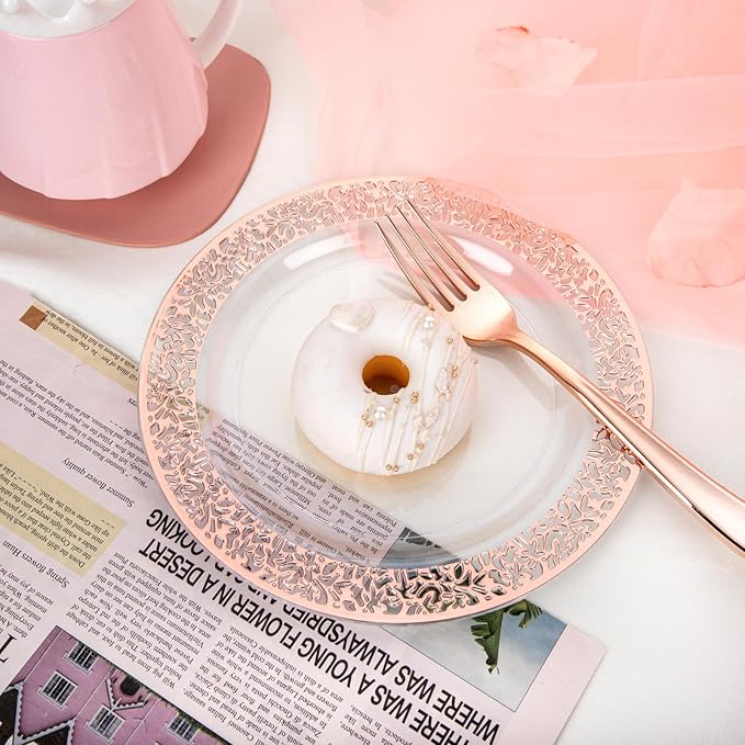 I00000 72 Pcs Rose Gold Dessert Plates 7.5" & 72 Pcs Disposable Forks 7.4", Lace Design Plastic Salad Plate, Plastic Appetizer Plate for all Holidays Perfect for Party & Wedding