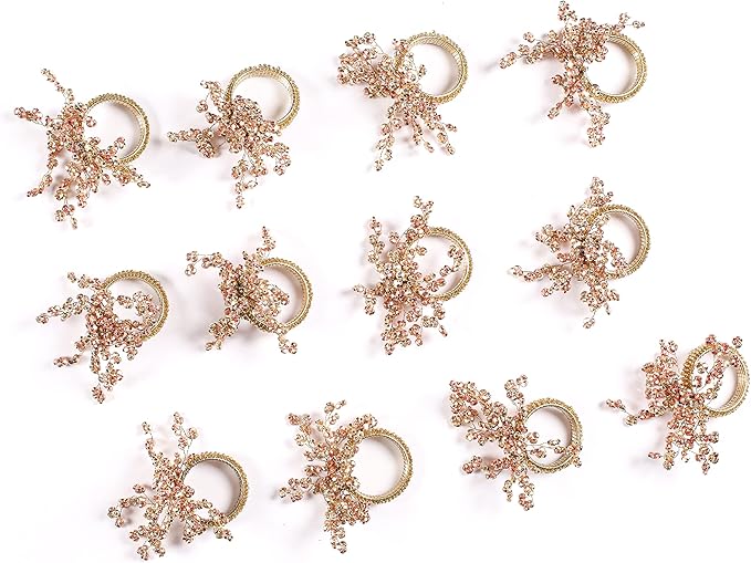 Copper Gold Beaded Napkin Ring Set of 12 - Elegant Beautiful Fancy Decorative Napkin Holder for Dining Table Décor, Easter, Farmhouse, Wedding, Party, Thanksgiving, Everyday Use
