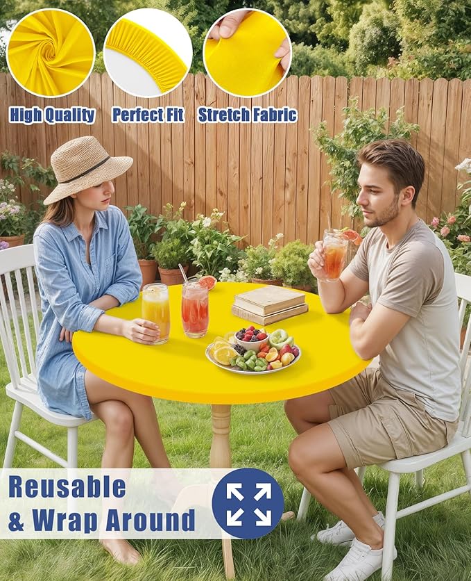 Round Spandex Tablecloth, Elastic Fitted Waterproof Tablecloths for 31"-35" Tables, Stretch Washable Picnic Table Cover for Camping, Dining, Indoor and Outdoor, Yellow