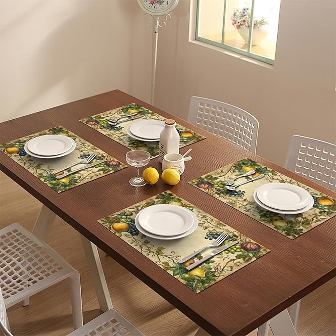 Fruit Placemats Set of 4, Fruits Grape Table Mats, Washable Place Mats for Home Party Indoor Kitchen Dining Table Decoration 12x18 Inch