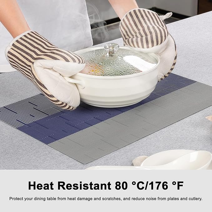 Placemats Set of 6, Vinyl Woven Place Mats Indoor Set of 6 Washable Wipeable PVC Table Mats Heat-Resistant Non Slip Plastic Placemat for Kitchen Dining Outdoor Table (Blue Gray, Set of 6)