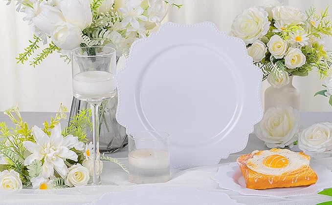 COLOSUS 100pcs 9.5 Inch-White Plastic Dinner Plates, Fancy White Plastic Plates,Heavy Duty Disposable Dinner Plates for Party Thanksgiving and Everyday Use