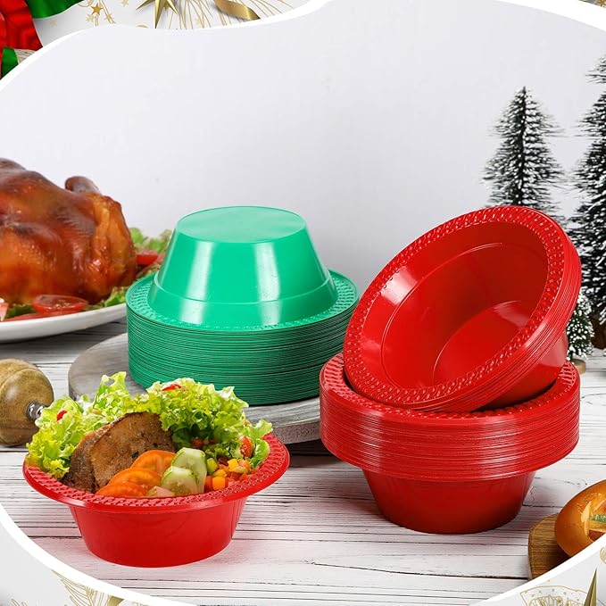 Layhit 100 Pcs Christmas Plastic Bowls 12 oz Disposable Salad Red Green Plastic Serving Xmas Party Supplies Candy Snack Bowls for Christmas Holiday Party Picnic