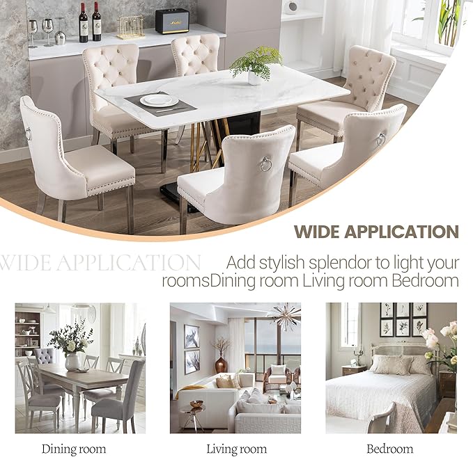 KCC Velvet Dining Chairs Set of 4, Upholstered High-end Tufted Dining Room Chair with Nailhead Back Ring Pull Trim Stainless Steel Legs, Contemporary Nikki Collection Modern Style for Kitchen, Beige