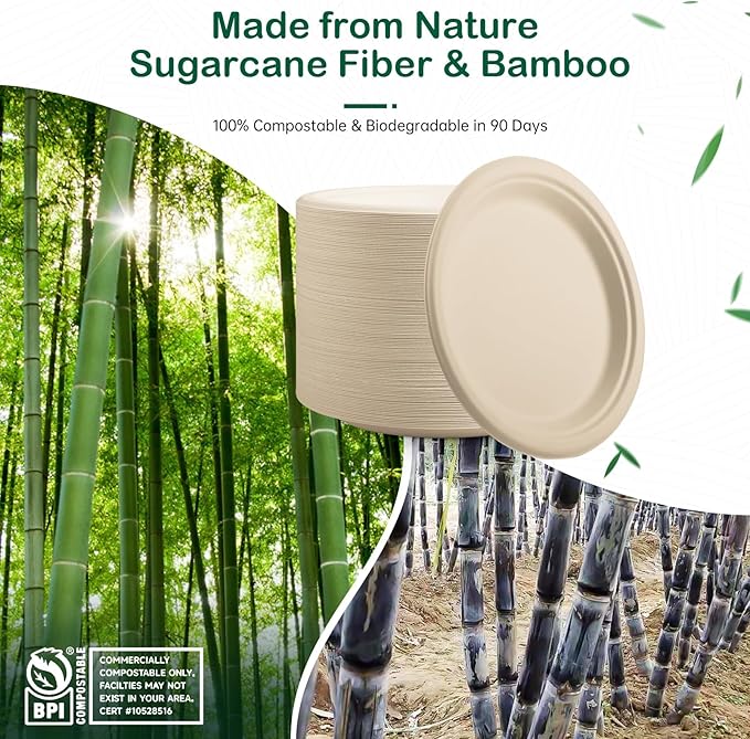 9 Inch 128 Pack Compostable Disposable Paper Plates, Dinner Plates, Heavy Duty Sugarcane Bagasse, Biodegradable Eco-Friendly, Soak Proof & Cut Resistant, Unbleached Natural