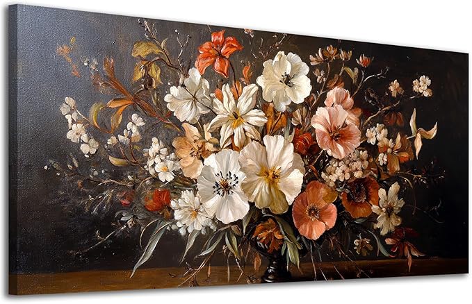 ADJUVANT Wall Art Vintage Floral Bouquet in Vase 60"L x 30"W, Flowers Canvas Painting Botanic Artwork Retro Blossoms Prints Graceful Floral Wall Decor for Living Room Bedroom Dining Room Home Office