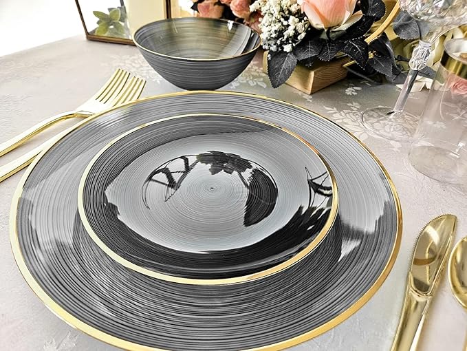 " OCCASIONS " 240 Pieces Pack,(120 Guests) Premium Wedding Party Disposable Plastic Plates Set -120 x 10'' Dinner + 120 x 7'' Salad/Dessert (Belize in Black & Gold)