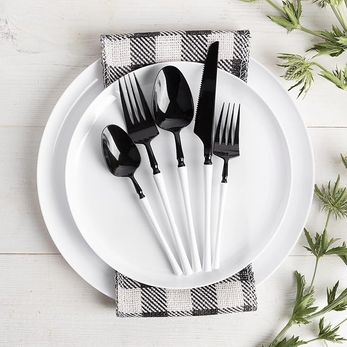 PlasticPro 20 Count Black and White Plastic Dinner Forks Premium Quality Heavy Duty Disposable Elegant Silverware Two Tone Dinner Forks for Party