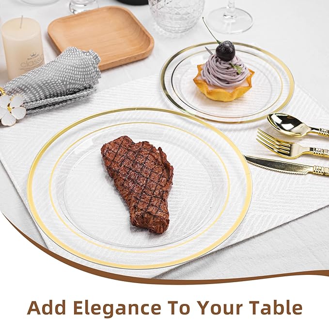 200PCS Clear Plastic Plates with Gold Rim, Disposable Heavy Duty Plastic Plate, 100 Dinner and 100 Dessert Plates for Party and Wedding