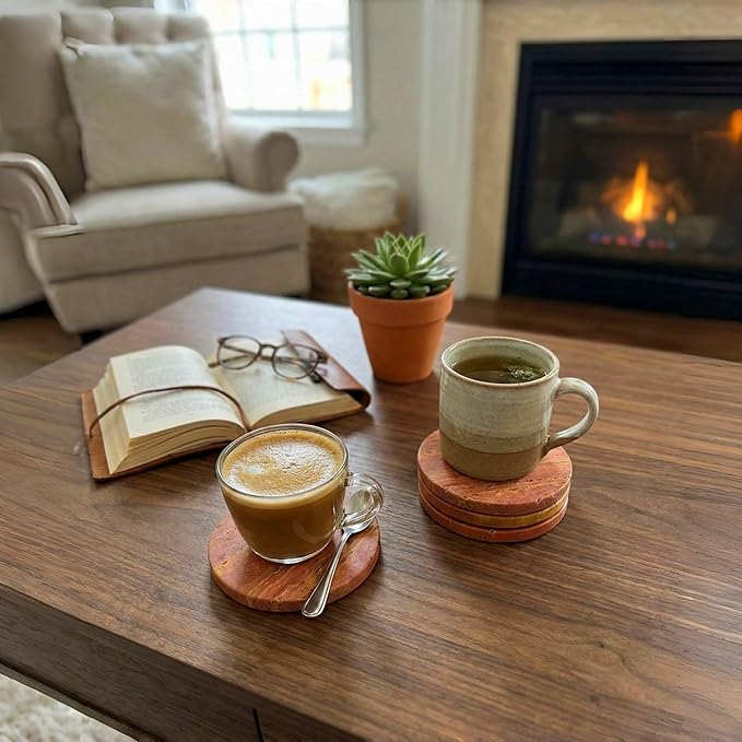 Natural Travertine Stone Coasters Set of 4 with Cork Backing – 4” (10cm) Round Absorbent Drink Coasters, Non-Slip Coffee Table Protectors, Rustic Farmhouse & Modern Décor, Gift-Ready