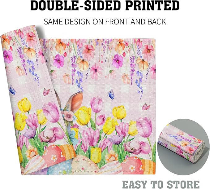 Spring Rabbit Bunny Placemats - Floral Easter Place Mat Set of 4 Buffalo Plaid Tablemats 12x18 for Party Kitchen Dining Pink