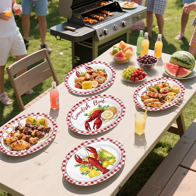 Grencian 50 Pcs Crawfish Boil Party Supplies 10” x 12” Lobster Boil Oval Paper Plates Large Disposable Crawfish Red Gingham Tableware Set for Baby Shower BBQ Summer Picnic Barbecue Cookout Carnival