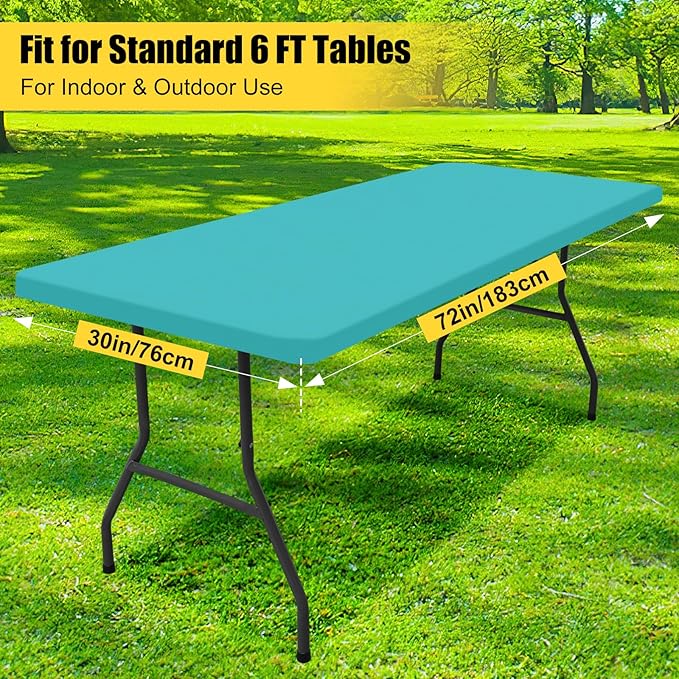 Smiry Rectangle Picnic Table Cloth, Waterproof Elastic Fitted Tablecloths for 6 Foot Tables, Washable Polyester Table Cover for Camping, Indoor and Outdoor (Turquoise, 30"x72")