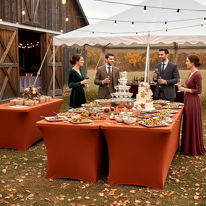 Table Cover for 6 Foot Rectangle Tables-6 Pack Rust Thanksgiving Fitted Stretch Tablecloth-Spandex 6ft Fall Tablecloths for Party, Vendor Booth Display, Banquet Buffet, Craft Trade Show