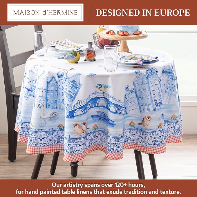 Maison d' Hermine Table Cloth Round Table 100% Cotton 63 Round Inches Tablecloth Reusable Decorative for Dining Room Farmhouse Home Valentines Day Decorations Spring Summer - Amsterdam Canals