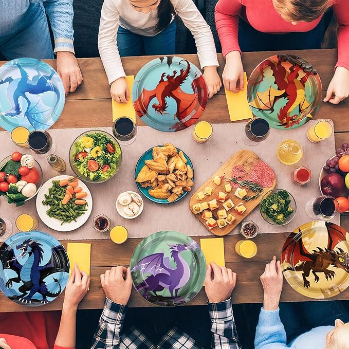 60Pcs Dragon Party Supplies 9” Fire Dragon Party Plates Disposable Dragons Theme Paper Plates Dessert Tableware Set for Kids Boys Fantasy Birthday Supplies Serves 24
