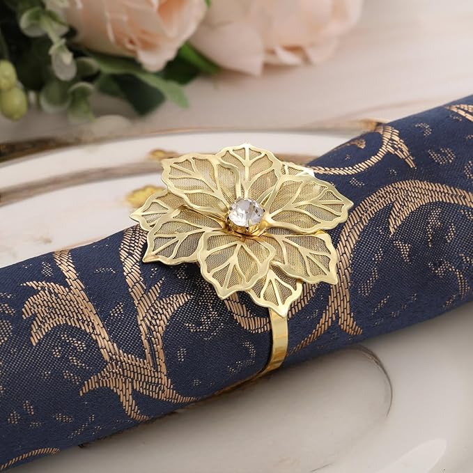 Hotop 24 Pcs Gold Napkin Rings Flower Napkin Holders Buckles Hollow Out Rhinestone Christmas Delicate Serviette Buckles for Thanksgiving Party Gathering Dinner Wedding Banquet Holiday Table Decor