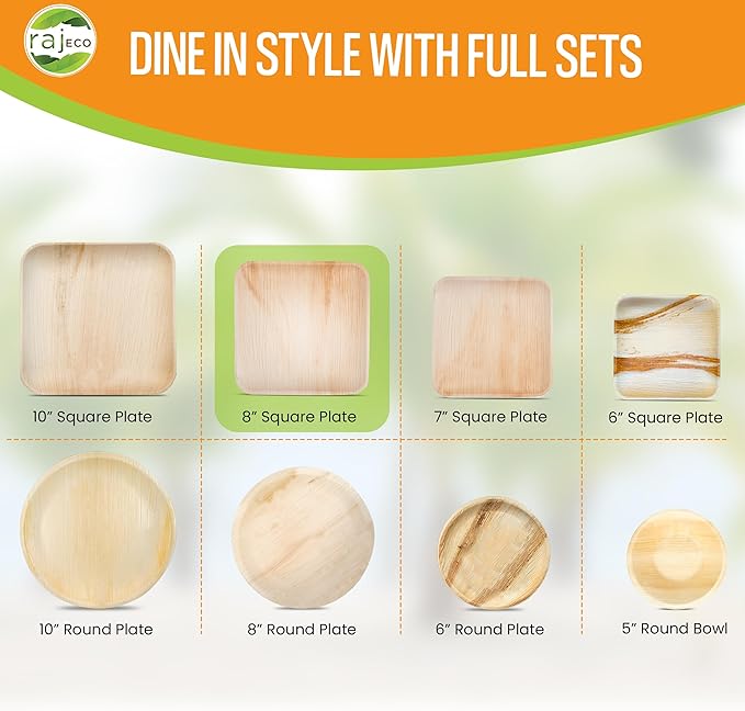 Raj Unique Collection Raj Eco Compostable Palm Leaf Plates Like Bamboo Plate Disposable - 8 Inch Square 100 Party Plates, Natural Wooden, Eco-Friendly, Disposable Dessert Appetizer Plate