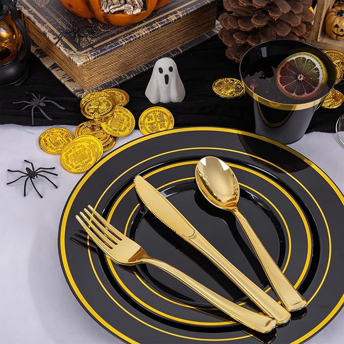 WELLIFE 600 PCS Black and Gold Disposable Dinnerware Set for 100 Guests, Gold rimmed Plastic Dinner Plates,Salad Plates,Cups,Silverware Set for New Year Party Supplies