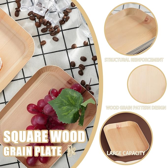 50 Pcs Wood Grain Paper Plates, 6.5 Inch Rectangle Plates, Disposable Rustic Party Plate for Woodland Baby Shower, Camp Fire, Camping, Lumberjack Birthday Party Supplies (S)