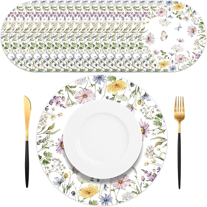 50PCS Watercolor Floral Paper Placemats - Disposable Table Mats for Wedding/Brunch/Party Decor, Elegant Flower Wreath Design, Oil-Resistant & Eco-Friendly Table Setting Supplies