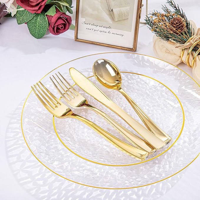 Rubtlamp 30Guest Plastic Gold Dinnerware Set, Gold Plastic Plates, Heavy Duty Disposable Dinnerware Include 30 Dinner Plate,30 Dessert Plates, 90 gold Silverware