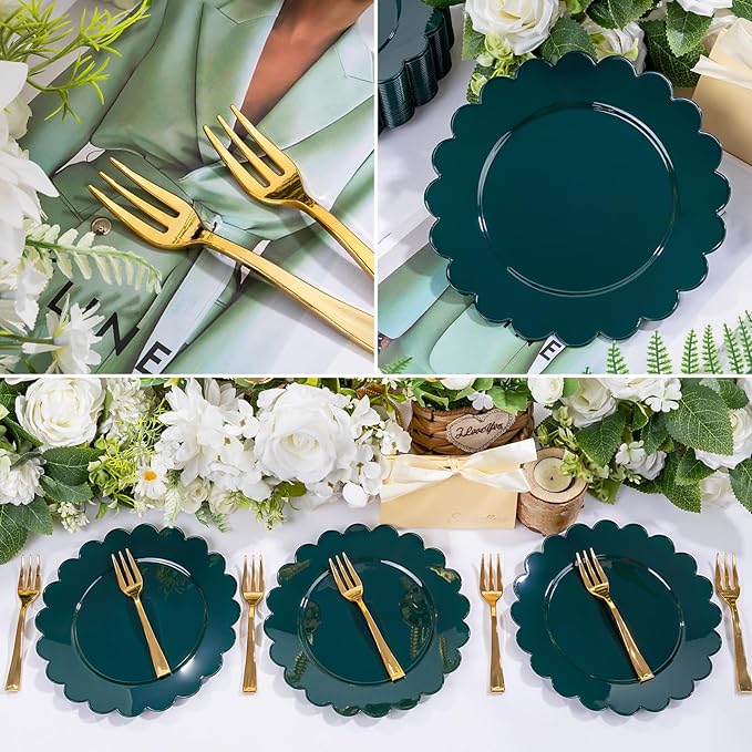 LIYH 200 Pcs Dark Green Dessert Plates - Disposable Cake Plates with Gold Forks, Gold Dessert Forks 5", Plastic Cake Plate 7.5" for Holiday Party