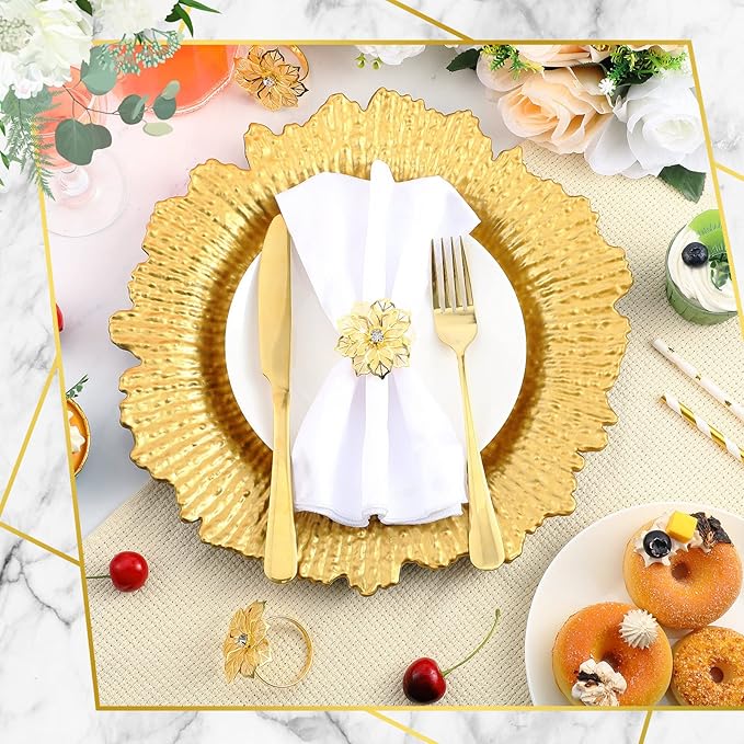 Dandat 100 Pcs Charger Plate Bulk 13'' Floral Reef Plates with Napkin Ring Plastic Dinner Charger Hollow Out Flower Napkin Holder Plastic Plate for Table Setting Wedding Party (Gold)