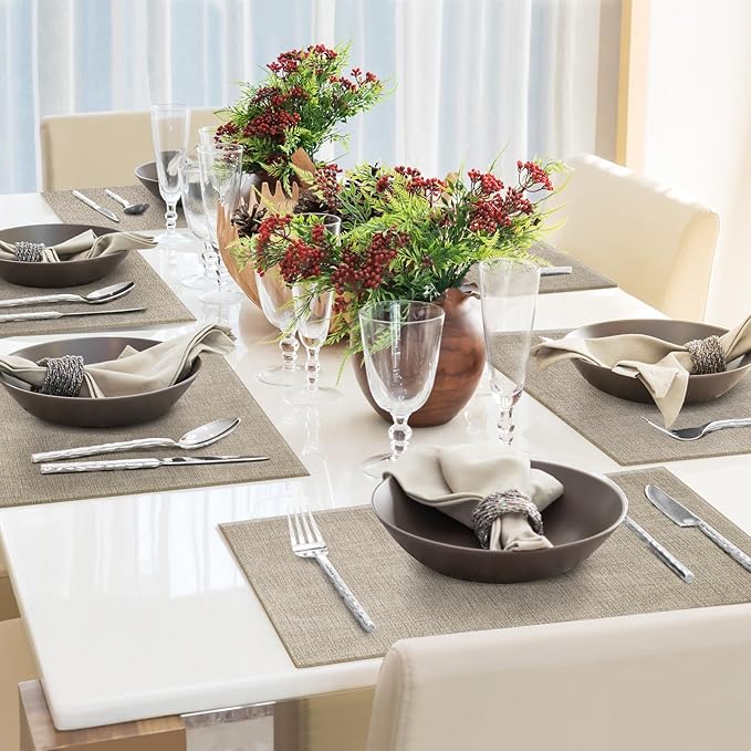Faux Leather Placemats Set of 6 Washable PU Table mats for Kitchen Table - Heat Resistant, Waterproof, Easy Clean, Anti Slip 11.8" x 17" (Brown-6 Pack)