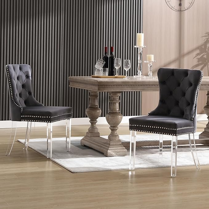 KCC Velvet Dining Chairs Set of 2, Upholstered Tufted Wingback Dining Room Chair with Nailhead Back Ring Pull Trim Solid Acrylic Legs, Contemporary Nikki Collection Style for Kitchen, Grey