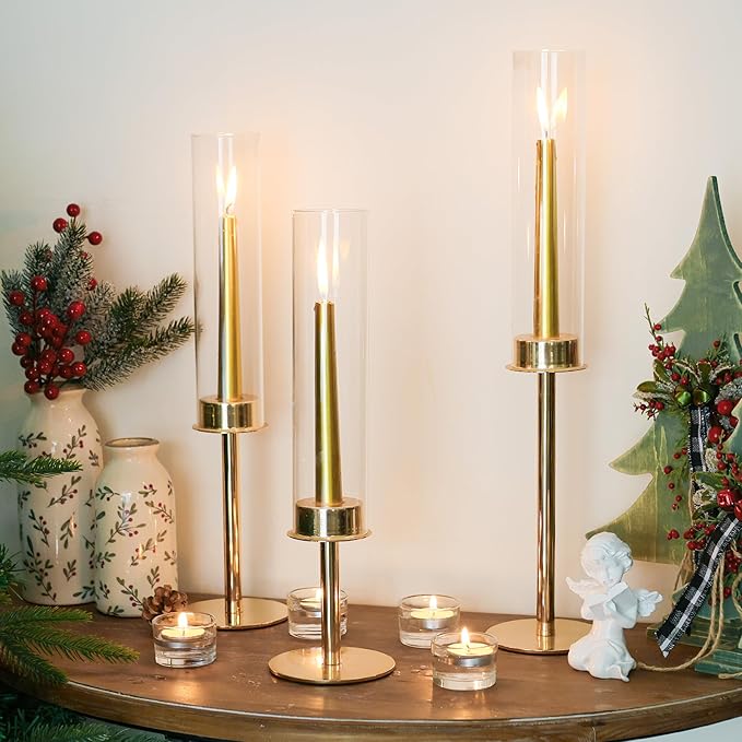 Hurricane Candle Holders Metal Candlestick Holder for Glass Taper Tall Candle Holders with Crystal Chimney Tube Candles Stands for Home Decor, Christmas, Dinning (18, Gold)