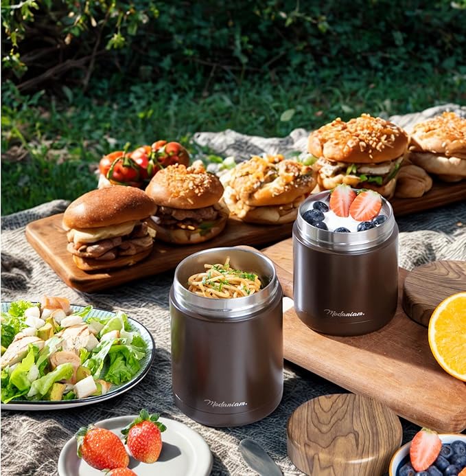 Stainless Steel Insulated Food Jar Set of 2 (16oz + 12oz) | Wide Mouth | Soup Thermo for Hot Food Lunch Container | Thermal LunchBox | Insulated Soup Bowl | Hot and Cold Lunch Box for Adults | Mocha