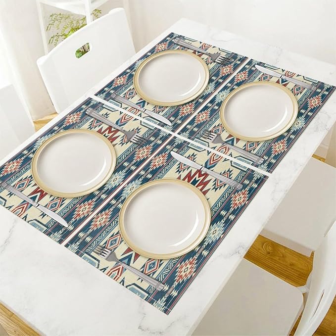 Ethnic Aztec Placemat Set, Vintage Bohemian Rustic Farmhouse Blue Red Mystic Native Tribal Geometric Totem Pattern Home Decor Linen Table Mats for Dining Room Kitchen Party (17x12in) x4P
