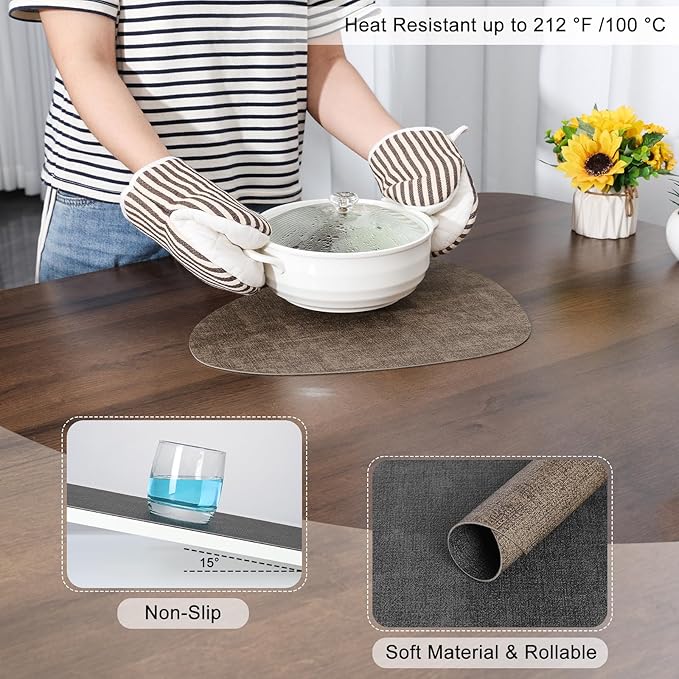 Placemats and Coasters, Washable Reversible Placemats Round Faux Leather Wipeable Place Mats Non Slip Heat Resistant Indoor Outdoor Table Mats (Set of 4, Gray Brown)