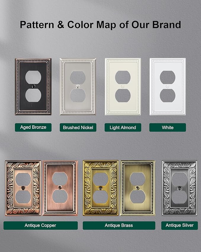 6-Pack Duplex Outlet Cover Plate, Antique Copper Metal Wall Plates for Electrical Outlets, 1 Gang Receptacle Cover, Pearls Decorative Switch Plates and Outlet Covers