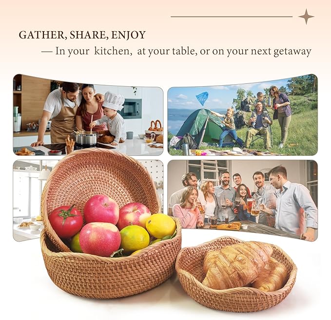8.7" Wave Small Wicker Basket, Artisanal Key Bowl for Entryway Table, Decorative Bowl for Kitchen Counter, Bedside, Living Room, Natural Woven Fruit Bowl, Purse Bowl, Rattan Bread Basket