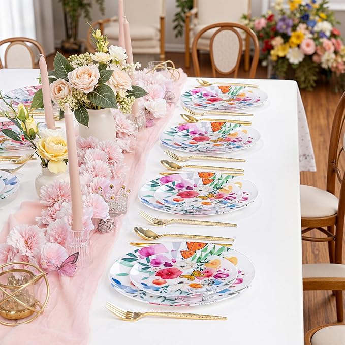 DaYammi 20Pcs Plastic Plates with Watercolor Floral-Disposable Plates Heavy duty Watercolor Floral & Butterfly Plastic Plate 10.25in Dinner plates and 7.5in Dessert plates for Valentine's Day Party