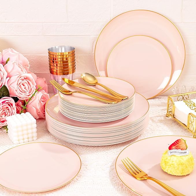 YOUBET 175PCS Pink Plastic Plates - Pink and Gold Disposable Plates Include 50 Plastic Plate, 75 Silverware, 25 Cups, 25 Napkins for Wedding & Party & Birthday Valentines Day