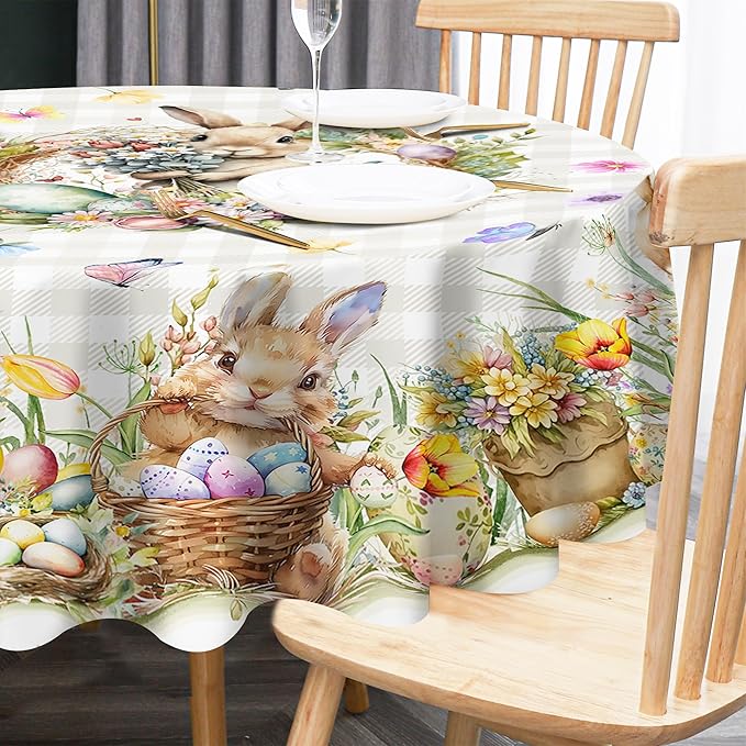 Easter Tablecloth 60 x 84 Inch Rectangle, Easter Bunny Table Cloth Buffalo Check Plaid Kitchen Table Cover for Dining Room Spring Oblong Tablecloth Indoor Decor