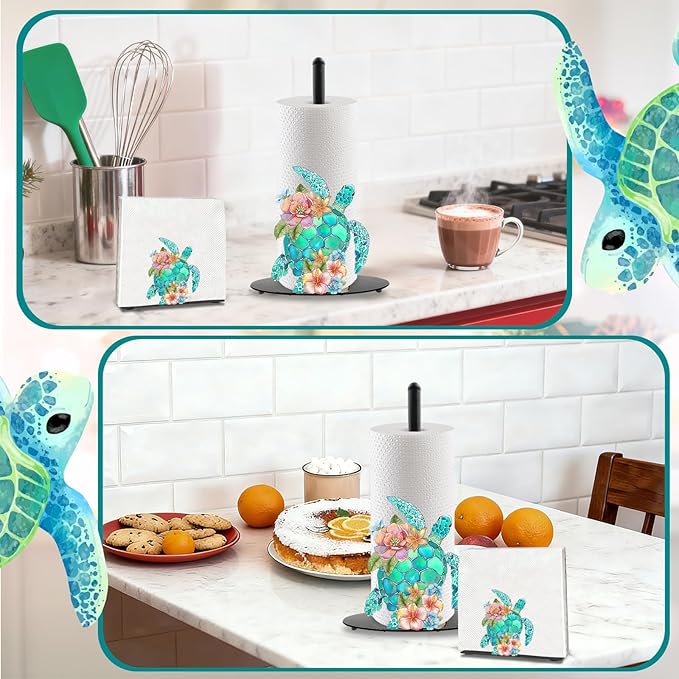 Sea Turtle Paper Towel Holder, Coastal Beach Ocean Countertop Decor Indoor with Round Base, Sea Turtle Gifts for Women, Iron Beachy Themed Napkin Holder Stand Accessories for Bathroom Kitchen, 2 PCS