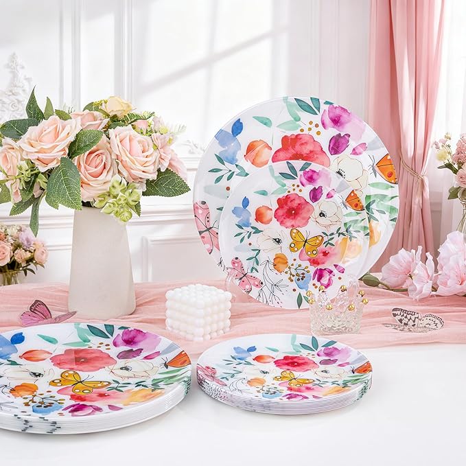 DaYammi 20Pcs Plastic Plates with Watercolor Floral-Disposable Plates Heavy duty Watercolor Floral & Butterfly Plastic Plate 10.25in Dinner plates and 7.5in Dessert plates for Valentine's Day Party