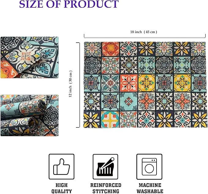 Mandala Bohemian Placemats Set of 6 Two-Sided Washable Table Placemat Boho Mat Fabric Cloth Vintage Flower for Farmhouse Kitchen Outdoor Dining Decor 12x18 Inch (Bohemian A)