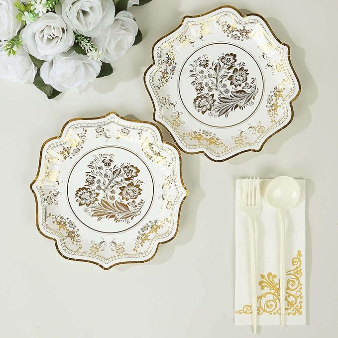 50 Pack 8" White Gold French Toile Dessert Plates, Disposable Round Paper Floral Pattern Appetizer Salad Plates 300 GSM for Party Decoration