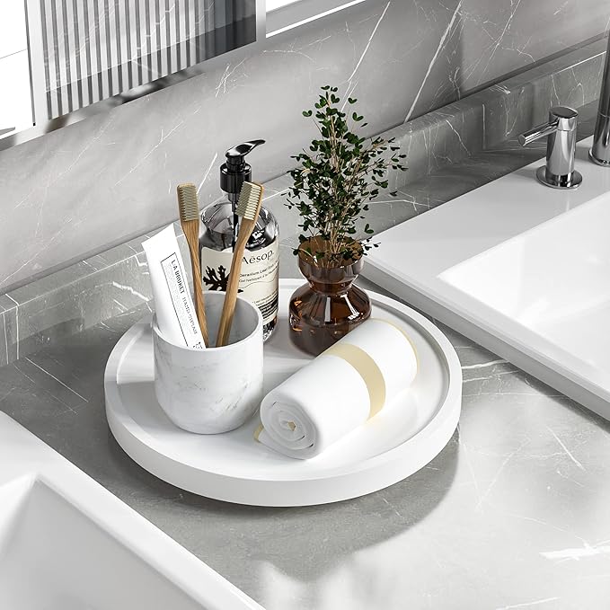 Turntable Vanity Tray 10 Inch for Perfume Candle, Bamboo Kitchen Sink Countertop Organizer for Keep Glass, Sponge and Soap Bathroom Countertop Organizer White