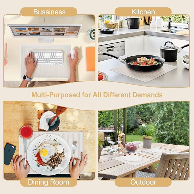 Bamboo Placemats with Fabric Border Set of 4 Natural Bamboo Rectangular Rolling Table Mats for Dining Kitchen Table Heat Resistant Table Protection White