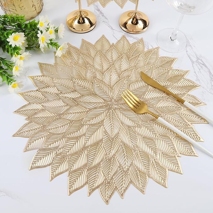 Placemats Set of 8, Round Hollow Out Flowers Place Mats for Dining Table Pressed Vinyl Blooming Leaf Table Mats for Holiday Party Wedding Accent Centerpiece Dinner Table Decoration (Gold)