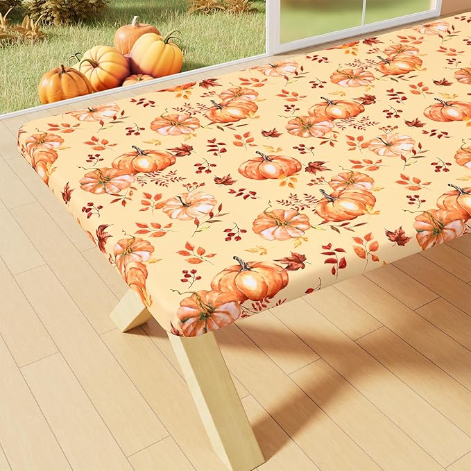 Smiry Rectangle Thanksgiving Table Cloth, Waterproof Elastic Fitted Tablecloths for 6 Foot Tables, Washable Polyester Table Cover for Autumn Harvest Parties (Pumpkin Leaf, 30"x72")